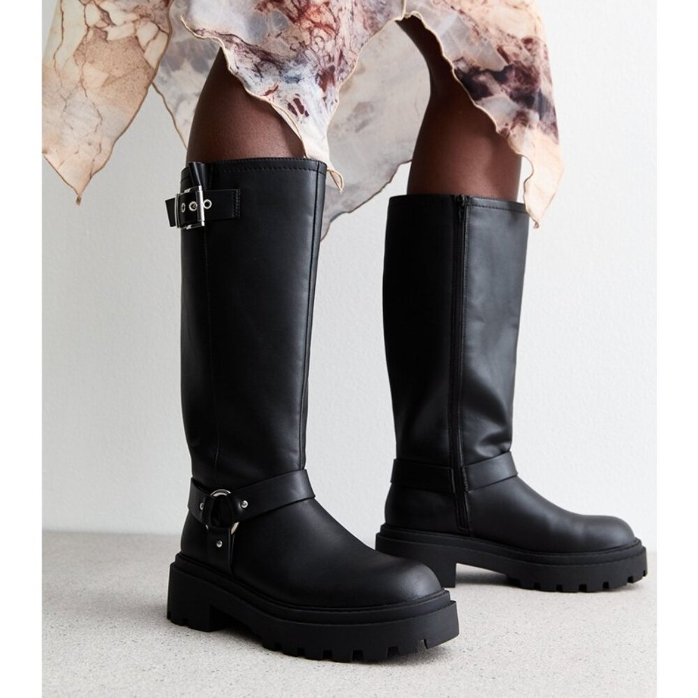 ASOS New Look, Extra Calf Fit Black Vegan Leather Knee-High Biker Boots